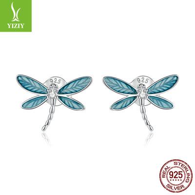 Pendientes de Tuerca de Libélula Azul con Goteo de Aceite, Pendientes de Insecto de Temperamento Nicho de Plata S925 Bse455