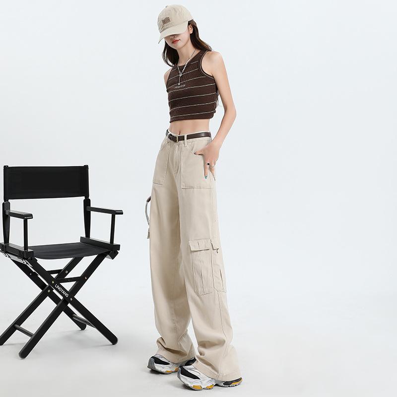 [Apricot Tooling] High Waist and Thin Loose Wide Leg Multi-pocket Tooling Pants, Trousers and Extended
