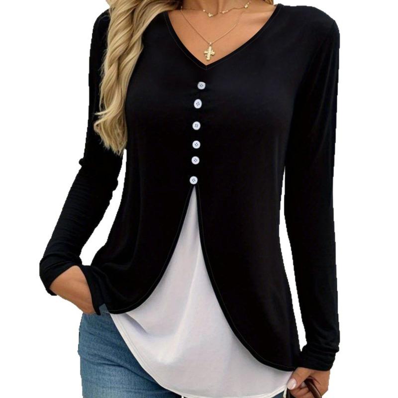 Spring and Autumn Women's New V-neck Women's Sexy Casual Contrast Color
