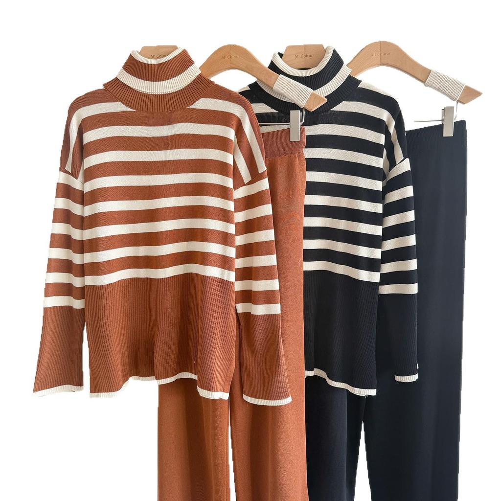 2025 Striped Knit Two-Piece Set: High-Neck Sweater & Loose Casual Long Sleeve Women's Outfit