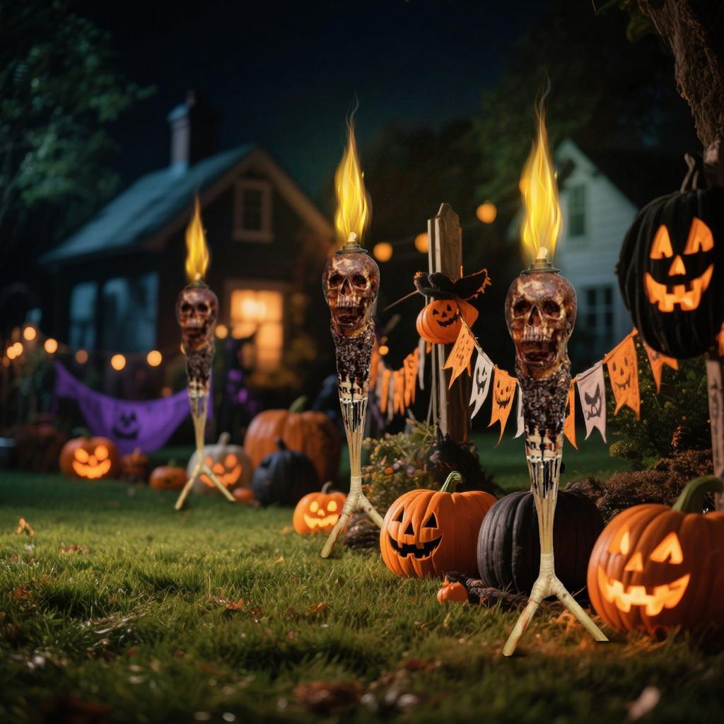 Tato pochodeň, která zdůrazňuje makabrózní hlavu, slouží jako strašidelná dekorace a ohnivé centrum.. To S tím zapálit, vrhající mihotavý stín