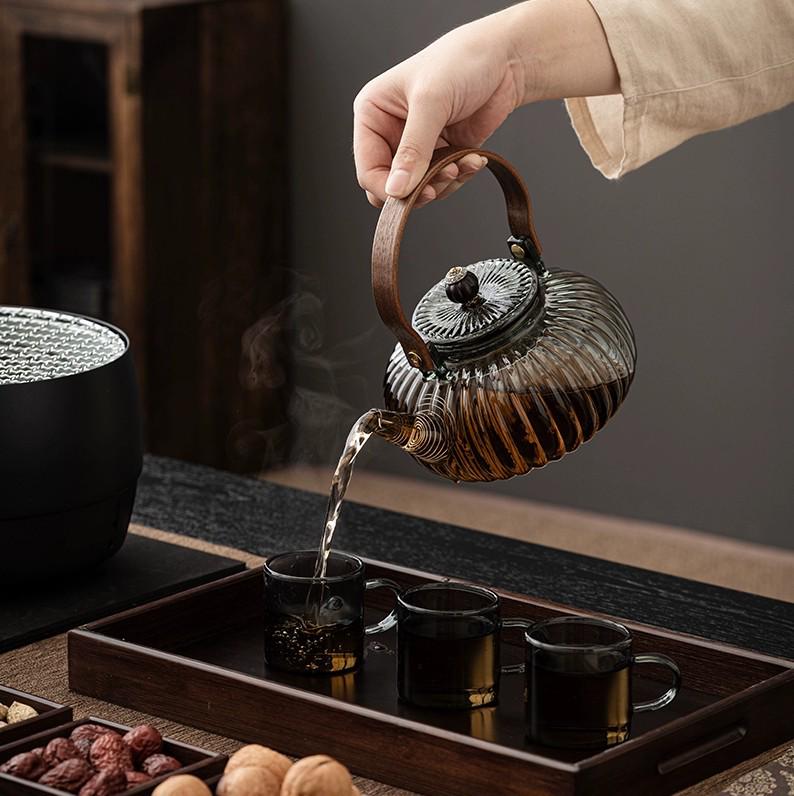 High-Temperature Resistant Pumpkin Glass Tea Set with Striped Design and Tea Infuser