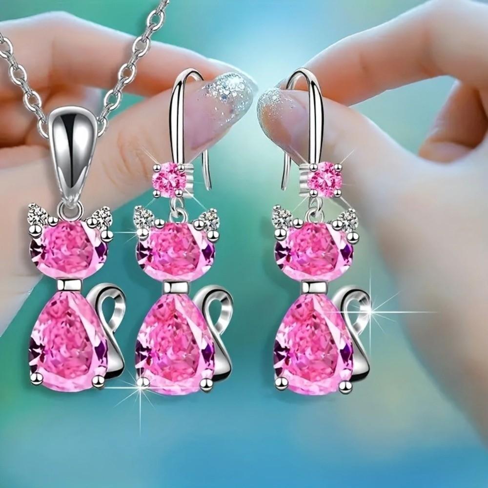 Trendy Elegant Jewelry Sets Shining Cute Cat Jewelry Beautiful Crystal Pendant Necklace  Wedding розовый