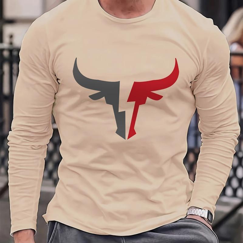 Men's Loose Fit Plus Size Comfortable Casual Sports Bull Pattern Printed Round Neck Long Sleeved T-shirt Top