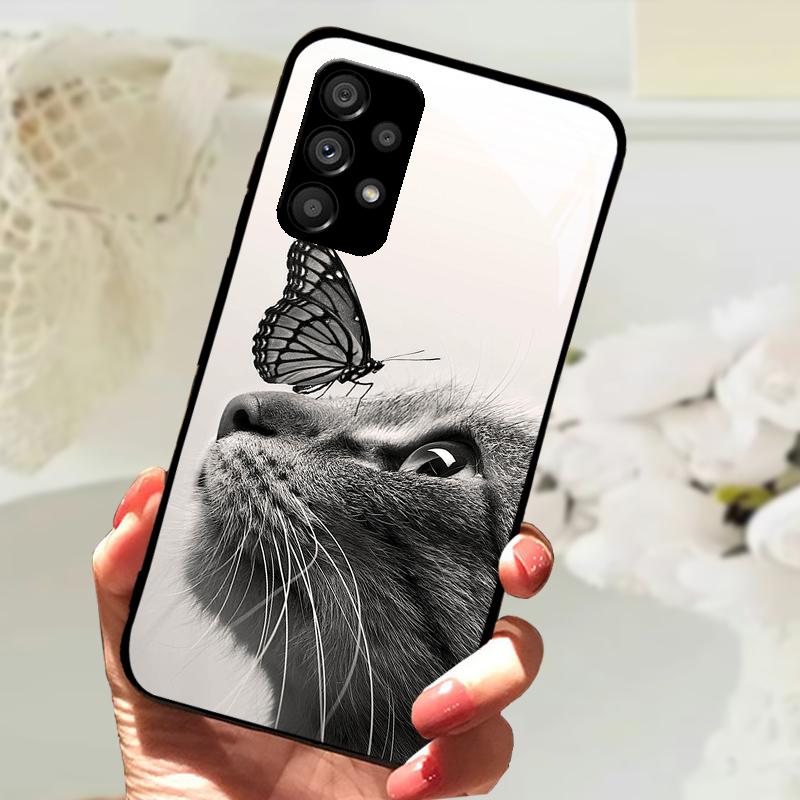 Glass Case For Samsung A13 A23 4G 5G Cartoon Tempered Glass Phone Cover For Galaxy A33 A53 A73 5G Hard PC Glass Protector Cases