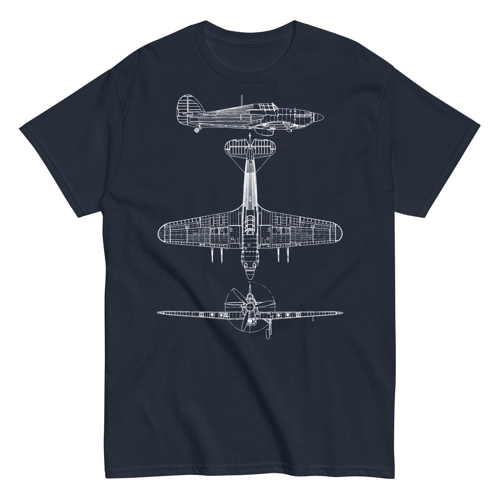 Hawker Hurricane WWII RAF Fighter Aircraft Blueprint Graphic T-Shirt XL