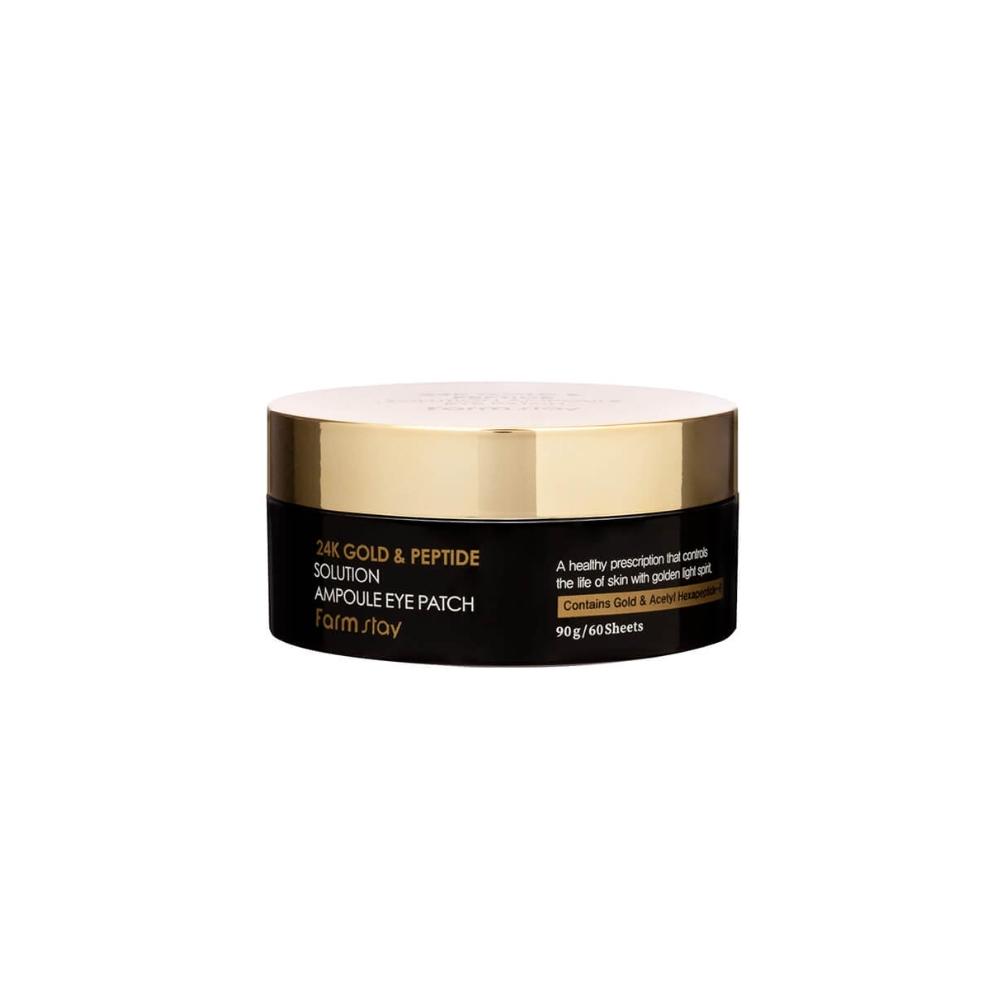 

FARMSTAY 24K Gold & Peptide Solution Ampoule Eye Patch 60 шт.. - патчі під очі з 24-каратним золотом і пептидами 90g янтарний колір золота