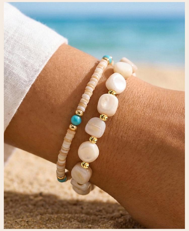 Boho Beaded Bracelet Natural Shell Turquoise Bead Chain Stackable Layering Bracelet for Women Summer Beach Jewelry