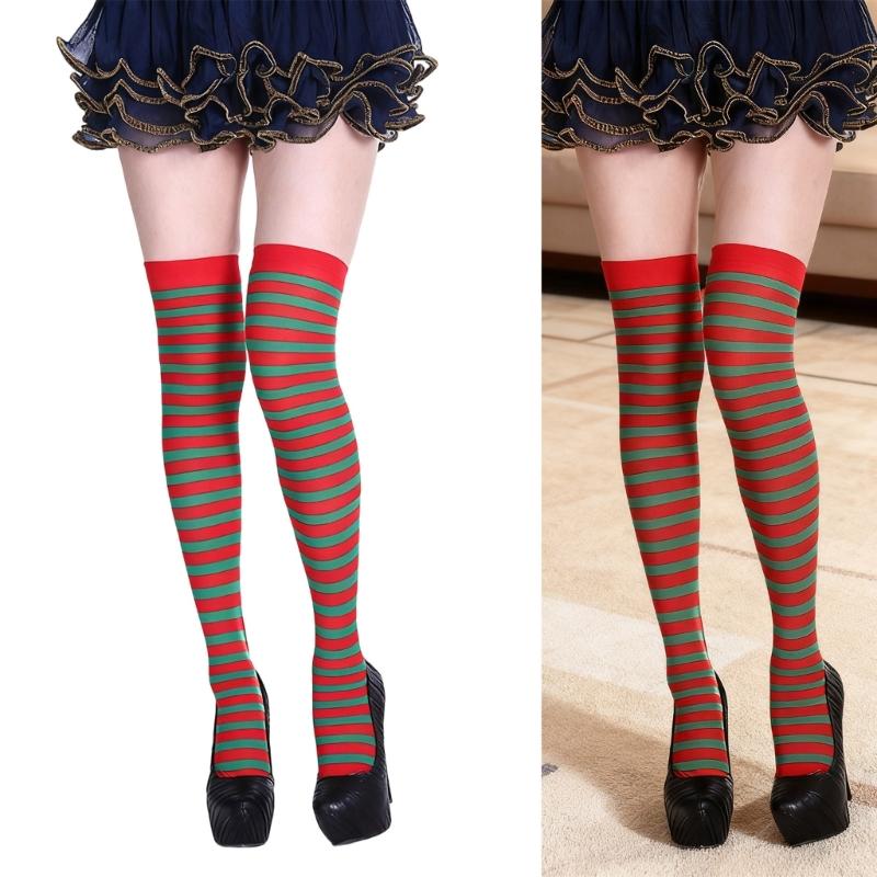 Christmas Thigh High Socks for Women Carnivals Stripe Print Elastic Long Over Knee Stockings for Cosplay Party Costume