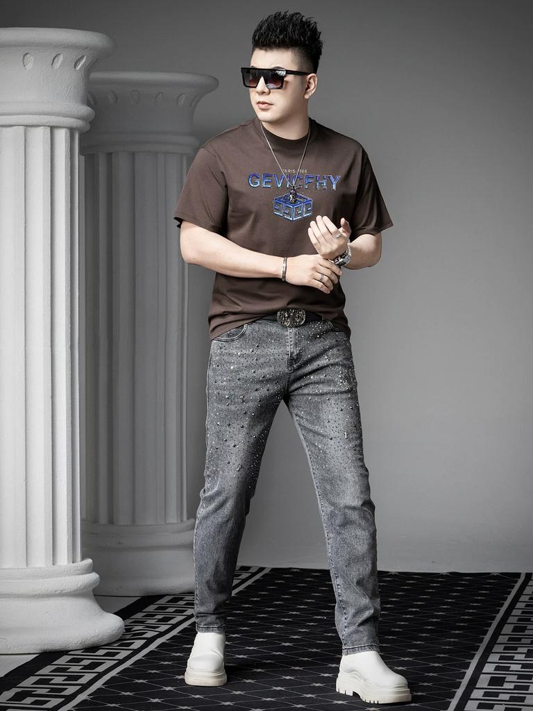 European Style 2025 Summer New Men's Round Neck Short-Sleeve T-Shirt, Loose Fit Top, Trendy Brand Letter Print, Gold Foil Half-Sleeve Tee