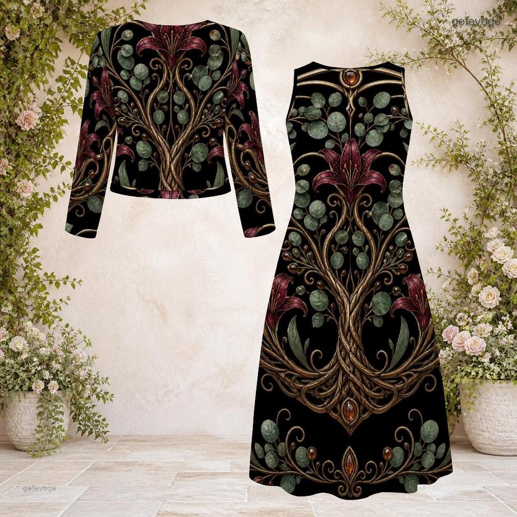 Women Plus Size 2 Piece Printed Dress Set Round Neck Long Sleeve Cardigan Sleeveless Black Blue Dress