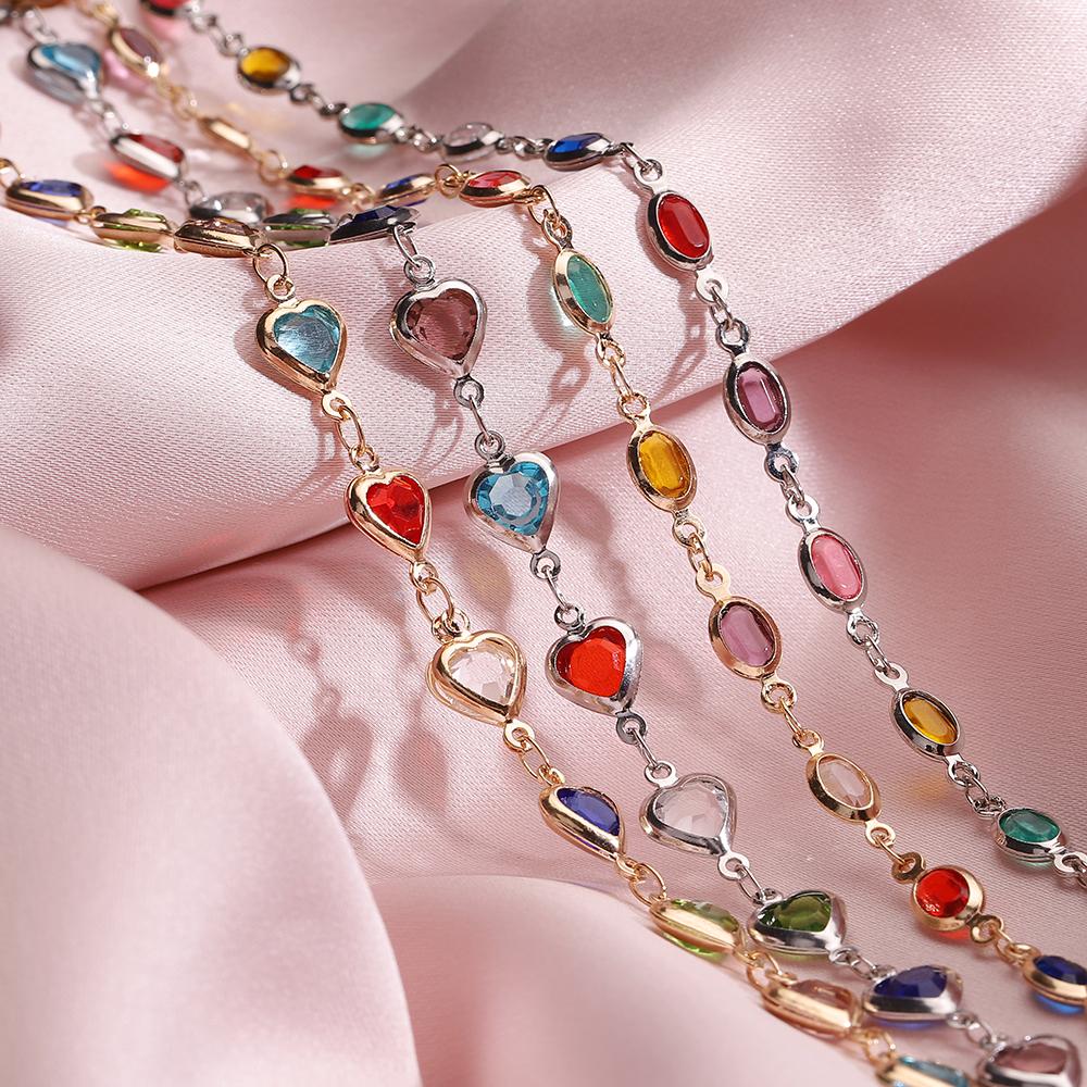 1Meter Crystal Bead Chain Colorful Love Heart Oval Glass Beads Copper Chains for Necklace Bracelet Jewelry Making DIY Supplies