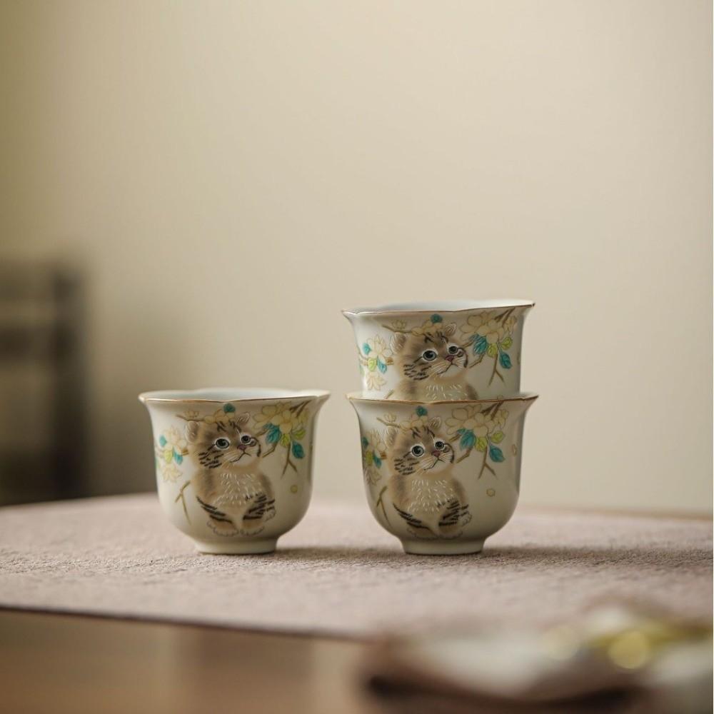 Ceramic Ru Kiln Gaiwan Chinese Style Hand Grasping Tea Maker Cute Cat Tea Tureen  Tea Ceremony