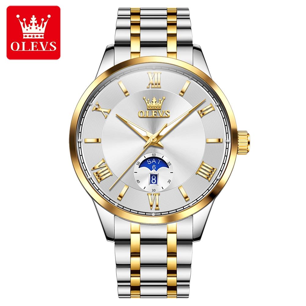 OLEVS Luxury Man Watch Solid Steel Strap Moon Phase Quartz Watch for Men Roman Dial Trendy Simple Waterproof Men's Watches 3638