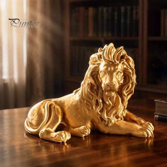 Gilded Lion Ornament Golden Lying Resin Figurine, 3D Printed Recumbent Statue, Decorative Animal Sculpture for Office Desk Bookshelf Wine Cabinet
