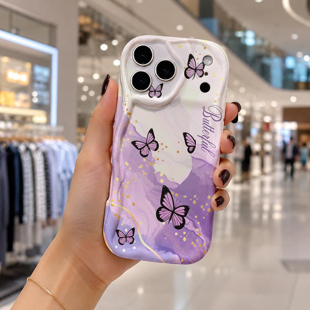 Gradient Purple Gold Foil Butterfly Phone Case for iPhone 17 16 15 14 13 12 11 Pro Max Plus Wavy Edge Cover