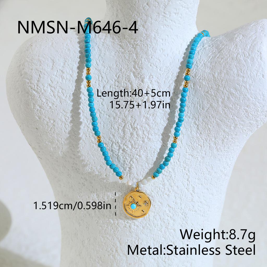 Stainless steel multi-layer stacked turquoise bead sun round necklace bohemian vacation wind collarbone chain