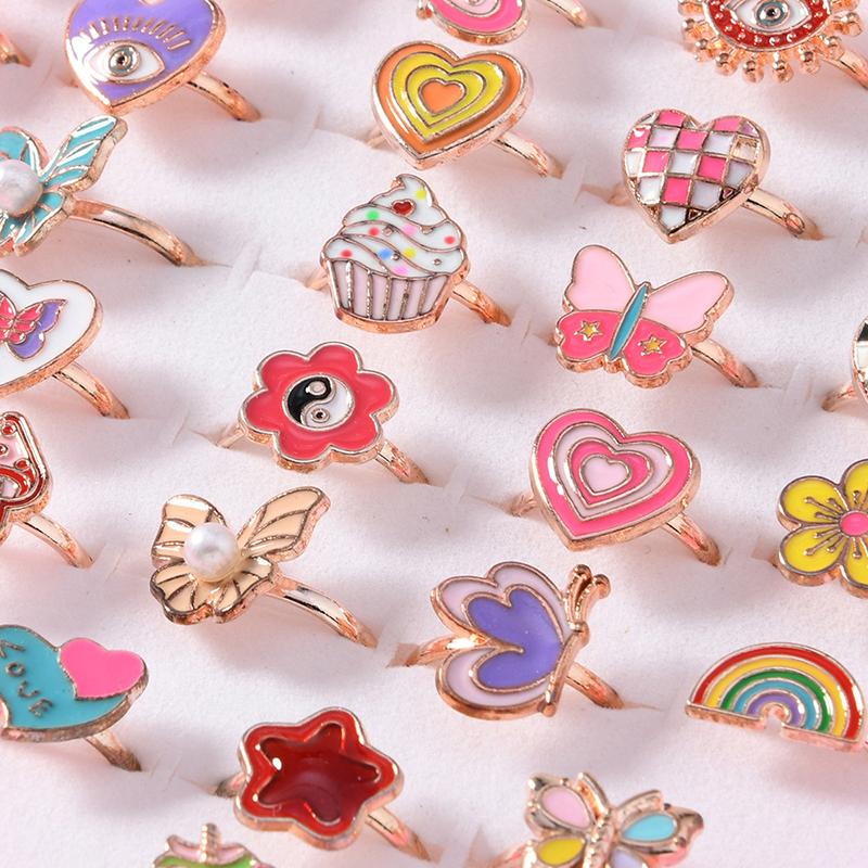 6/12/36pcs Adjustable Rings for Girls Pretend Play Makeup Toys for kids Cartoon Jewelry Alloy Rings Birthday Gifts for Girls