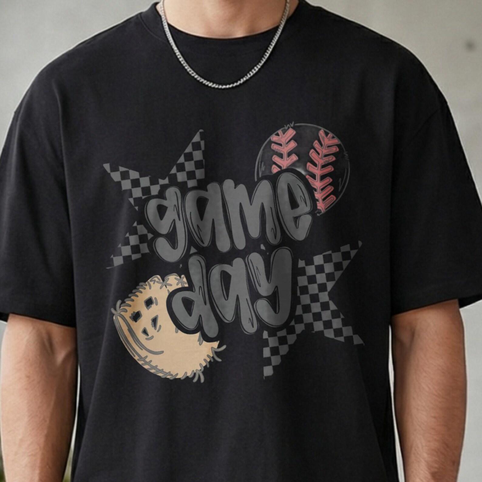 Game Day Checkered Star Baseball T-Shirt, Cute Glove & Ball Graphic Tee, Casual White Baseball/Softball Mom Game Day Fan Shirt, Gift For Dad 3XL