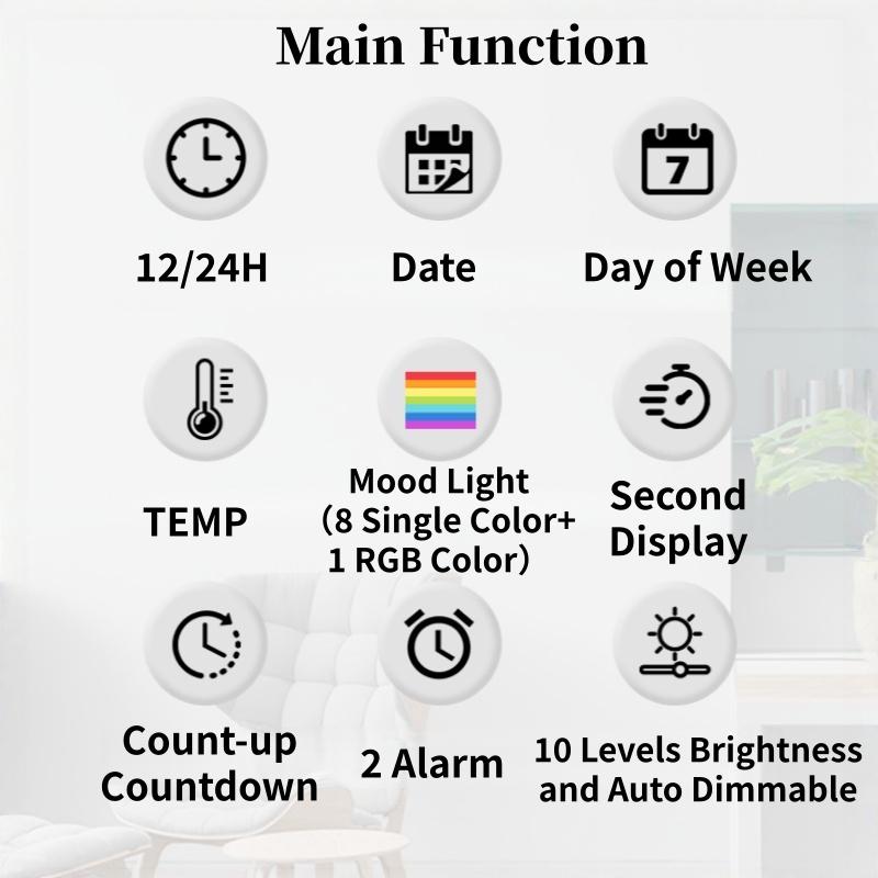 Large Digital Wall Clock with Mood Light TEMP Date Week 2 Alarm Auto Dimming Count-up Countdown Table Clock 12/24H DST LED Clock