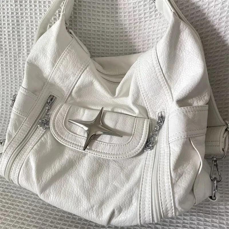 Mode Schlichte Designer Handtasche Weißes PU-Leder Cross Handtasche Y2k Große Kapazität Schultertasche Amerikanischer Stil Punk Goth