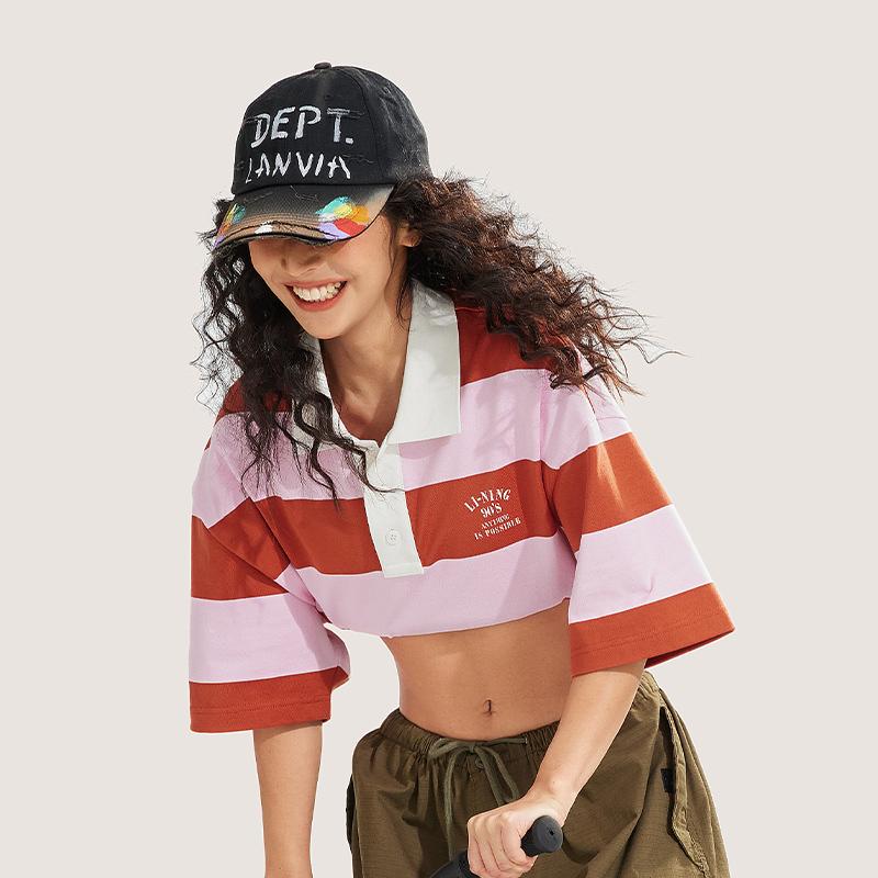 Li Ning Weekend Youth Casual Comfortable Striped Polo Shirt Unisex Polo Shirts Sunshine-Dirty-Orange APLU235-4