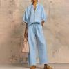 New Arrival Women's Casual Loose 2-Piece Set – Round Neck Zip-Up Top + Wide Leg Pants, Solid Color Loungewear Suit for Travel & Daily Wear