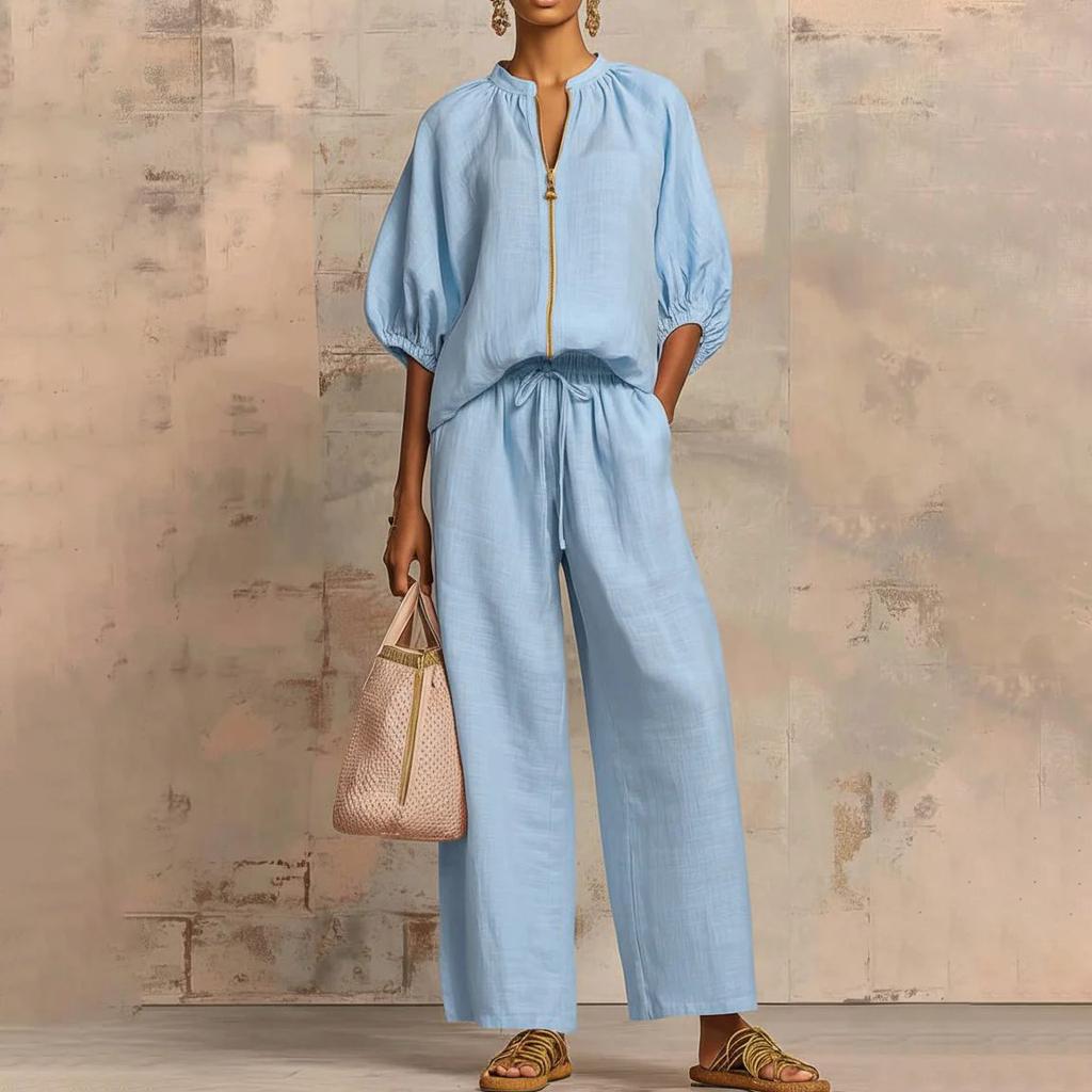 New Arrival Women's Casual Loose 2-Piece Set – Round Neck Zip-Up Top + Wide Leg Pants, Solid Color Loungewear Suit for Travel & Daily Wear