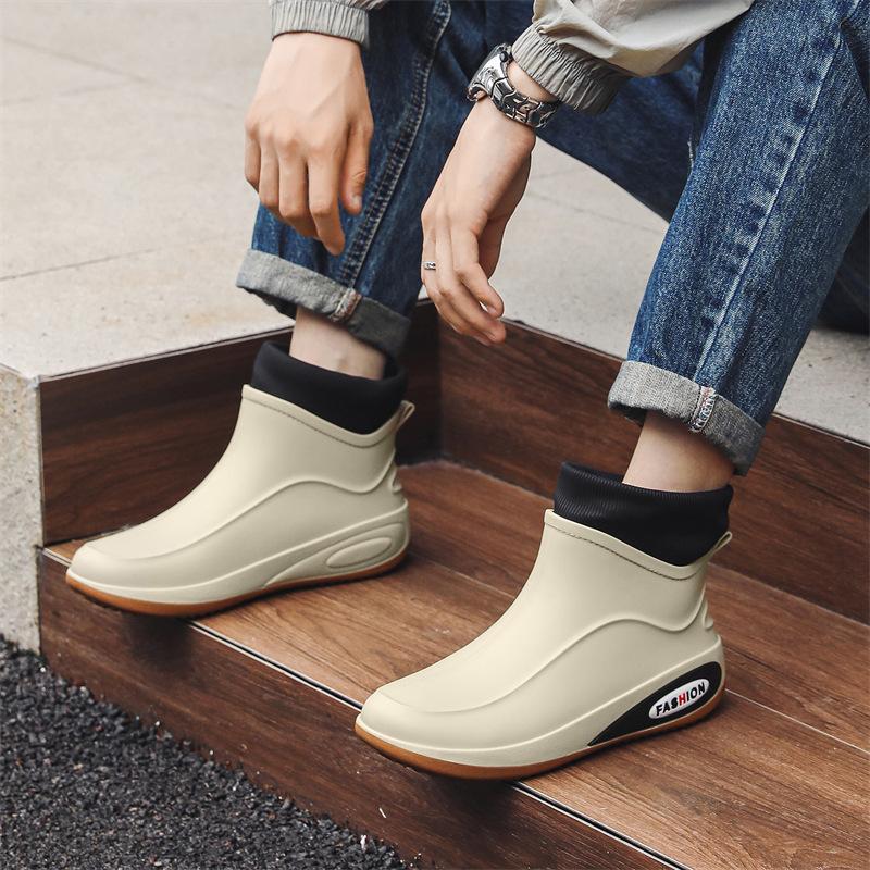 Fashion Rain Shoes Ankle Men Waterproof Shoes Rain Boots Low Top Anti-slip Wear-resistant Plush Kitchen Water Boots Fishing Rubber Shoes