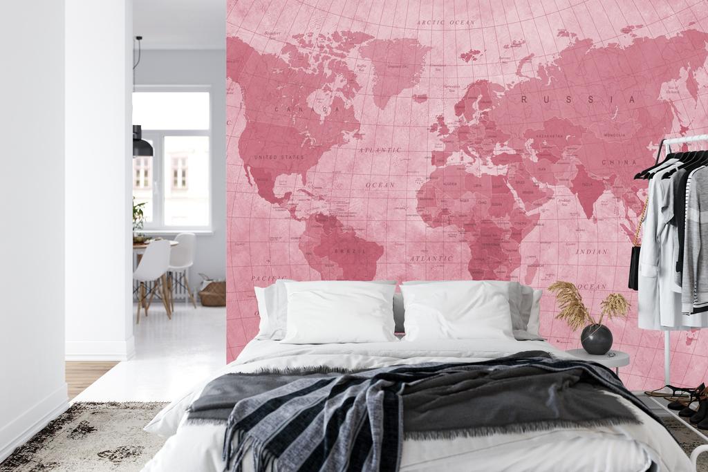 Photomural World Map Textured Red Iq-1262-D Washable Fleece 254x184
