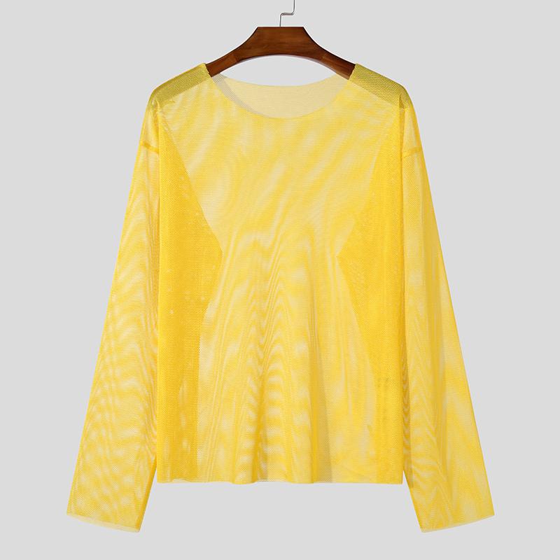 

INCERUN Мужские летние сетчатые топы с длинным рукавом и ажурными прозрачными футболками M жёлтый