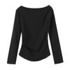 Women Long Sleeve T‑Shirt Asymmetric Ruched Top Slant Neck Elastic Slim Fit Solid Color Blouse