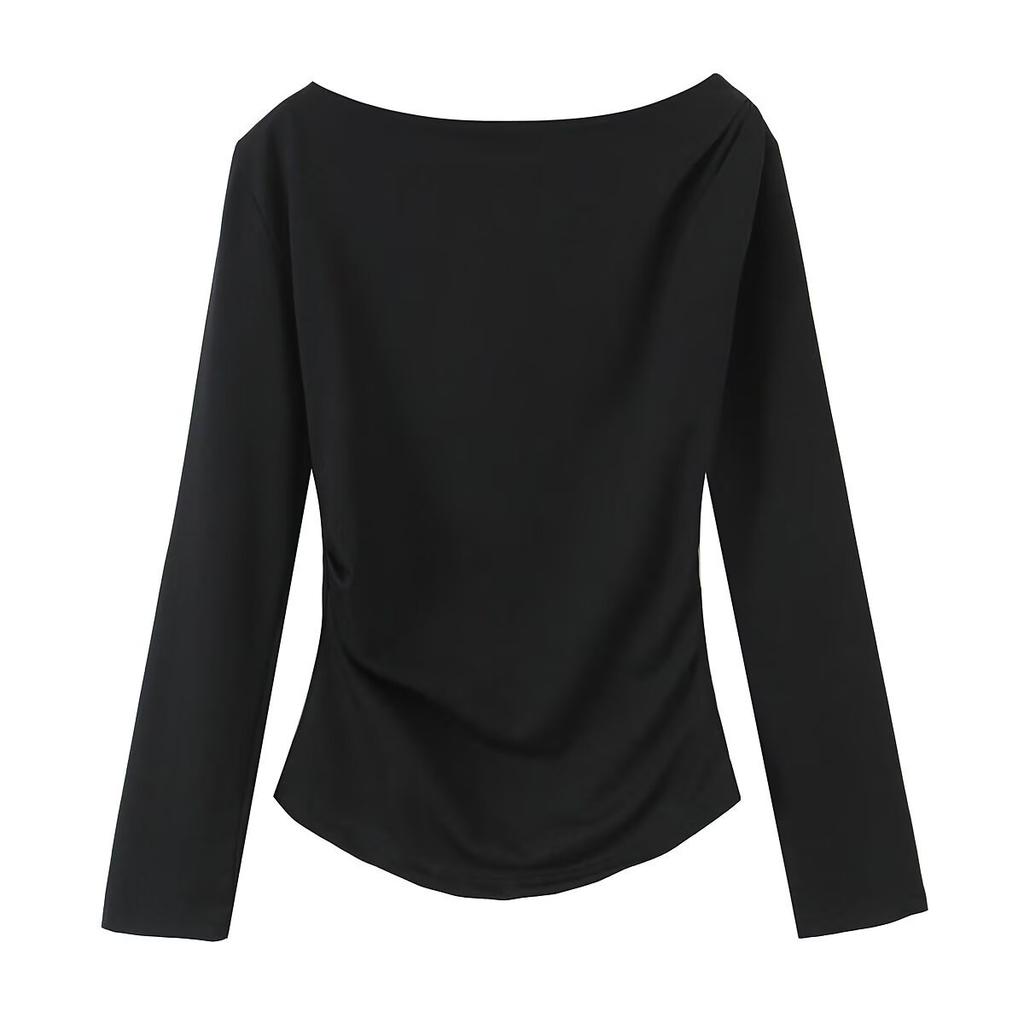 Women Long Sleeve T‑Shirt Asymmetric Ruched Top Slant Neck Elastic Slim Fit Solid Color Blouse