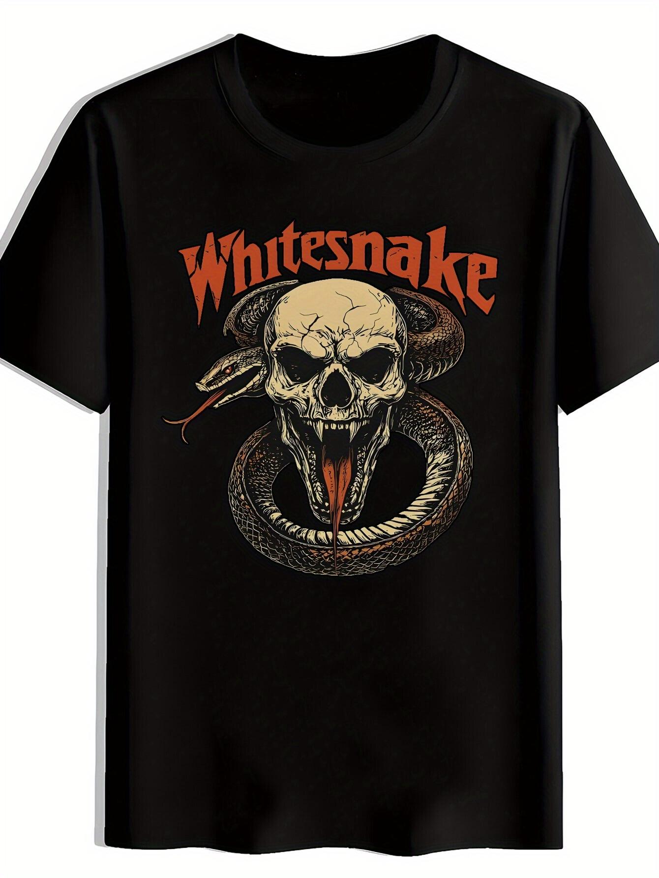 T-shirt Summer Casual Crew Neck Polyester with Skull and Snake Design - Whitesnake Text L