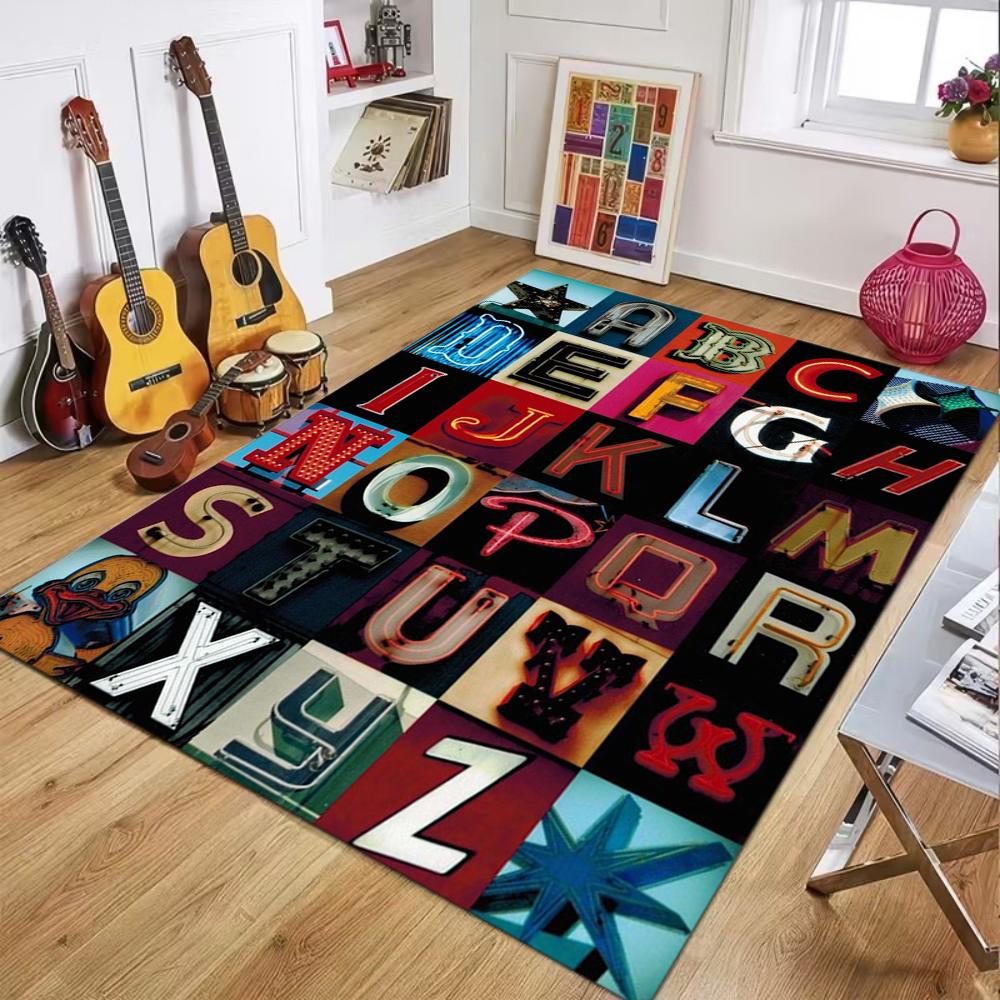 Hot Sale Non Slip Area Rug Alphabet Neon Pattern Soft Cozy Vibrant Indoor Living Room Bedroom Kids Room Decor Floor Rug