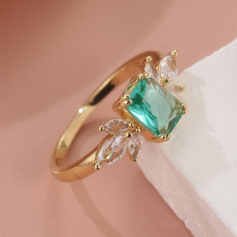 Fashion Gold Color Inlaid White Green CZ Women's Ring Geometry Daily Wear Party Jewelry
