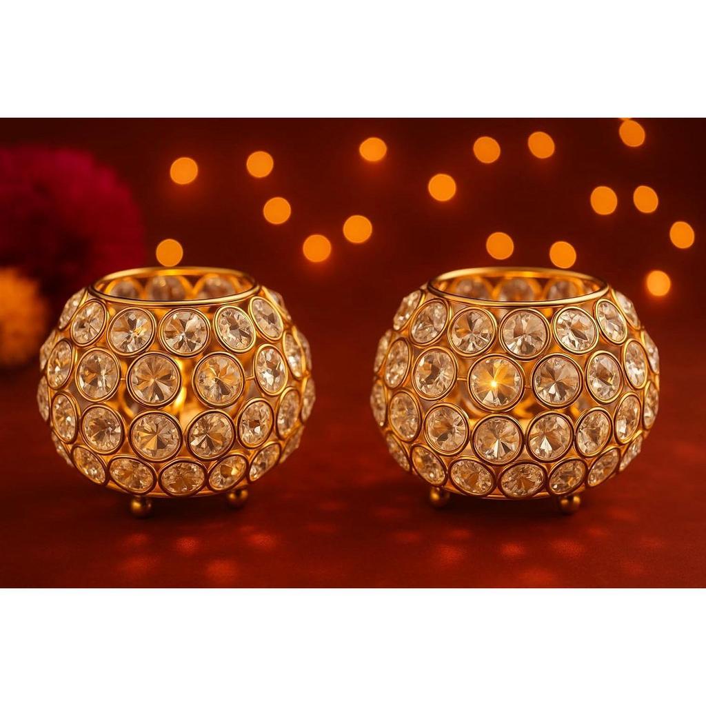 Pack of 2 Tea Light Crsytal Candle Holder - Pooja Diya Decoreation Items for Home Diwali Brass Puja Item Unique Christams Diwali Gift