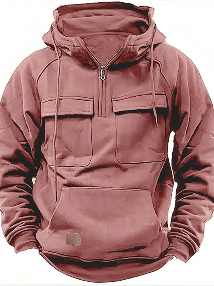 Men's Multi-Pocket Hooded Sweatshirt Jacket - Solid Color, Leather Accents, Spring/Autumn Style for European and American Youth