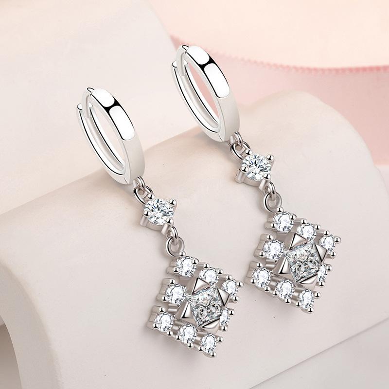 Exquisite Female Earrings 925 Sterling Silver Shiny Snowflake Square Zircon Earrings for Women Long Tassel Wedding Jewelry Gift