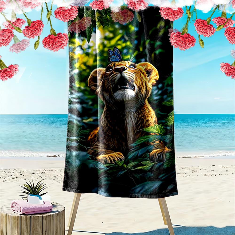 Lion Cub and Butterfly Jungle Scene Beach Towel Quick-drying for Travel Outdoor Sports Jogging Beach and Swimming