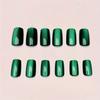 24PCS Emerald Green Cat Eye Effect Square Press-On Nails, Medium Length, Glossy Finish Fake Nail Set