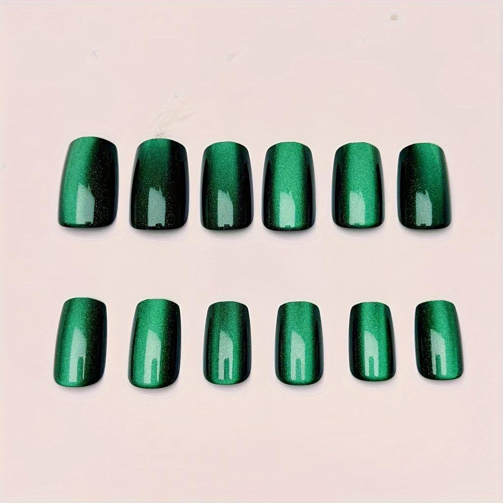24 ks Smaragdově zelené čtvercové nalepovací nehty s efektem kočičího oka, střední délka, lesklý povrch, sada umělých nehtů