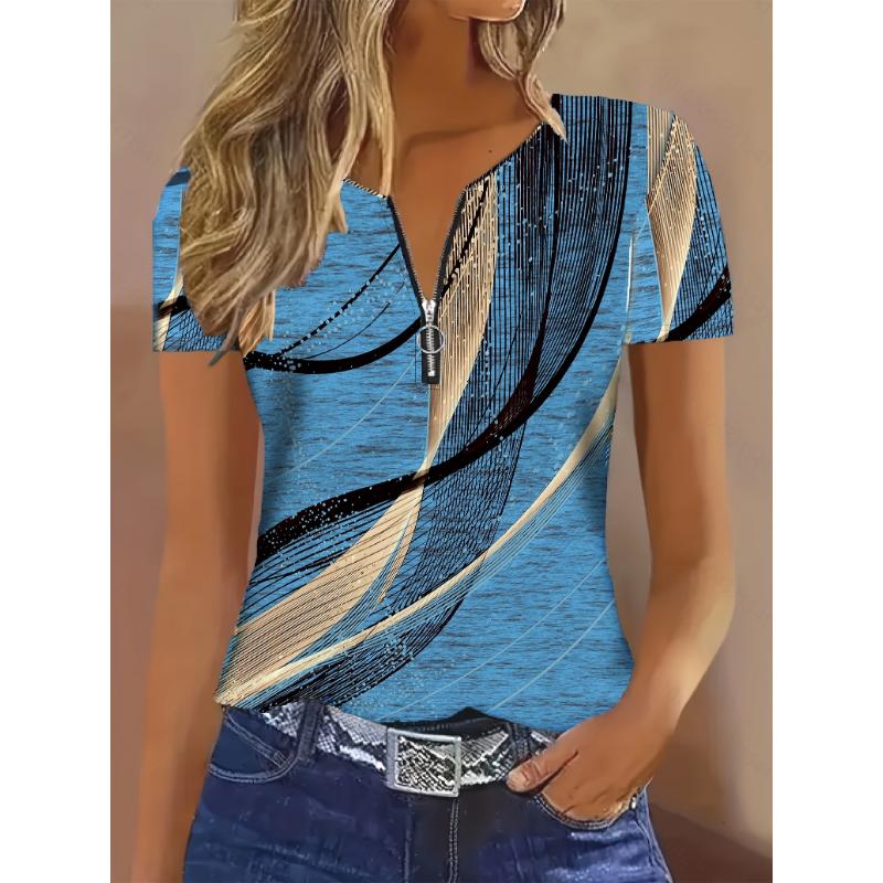 

Ladies casual printed short sleeved zipper T-shirt top 2XL