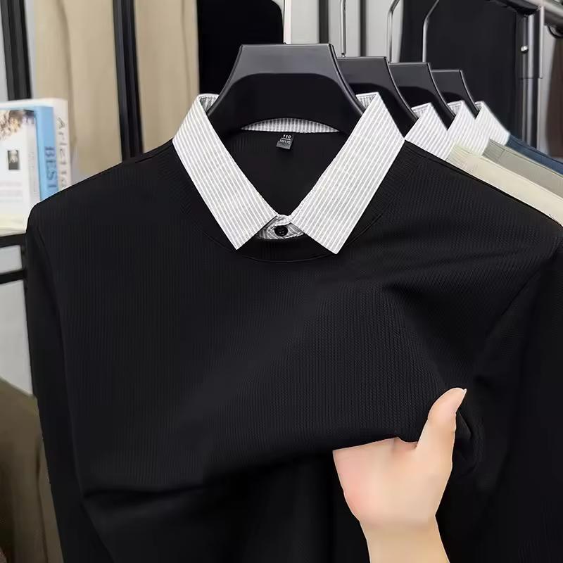 Men's Fake Two Piece Polo Shirt Casual Long Sleeve Collar T-shirt Versatile Top