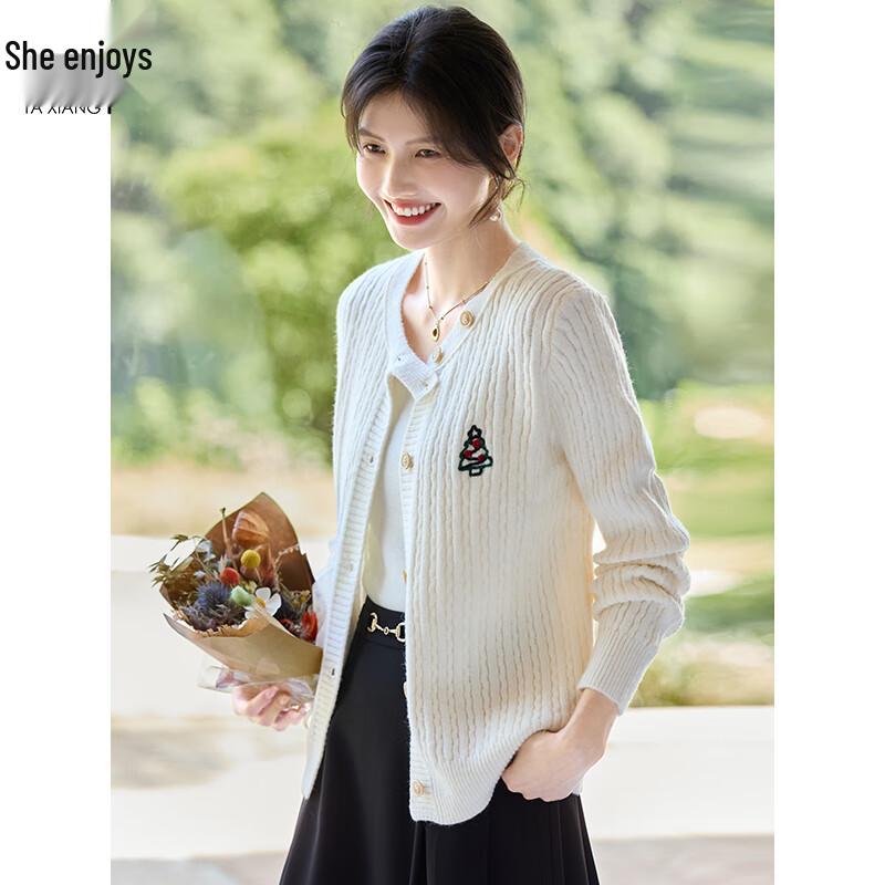 Women s Embroidered Round Neck Twist Knit Cardigan M