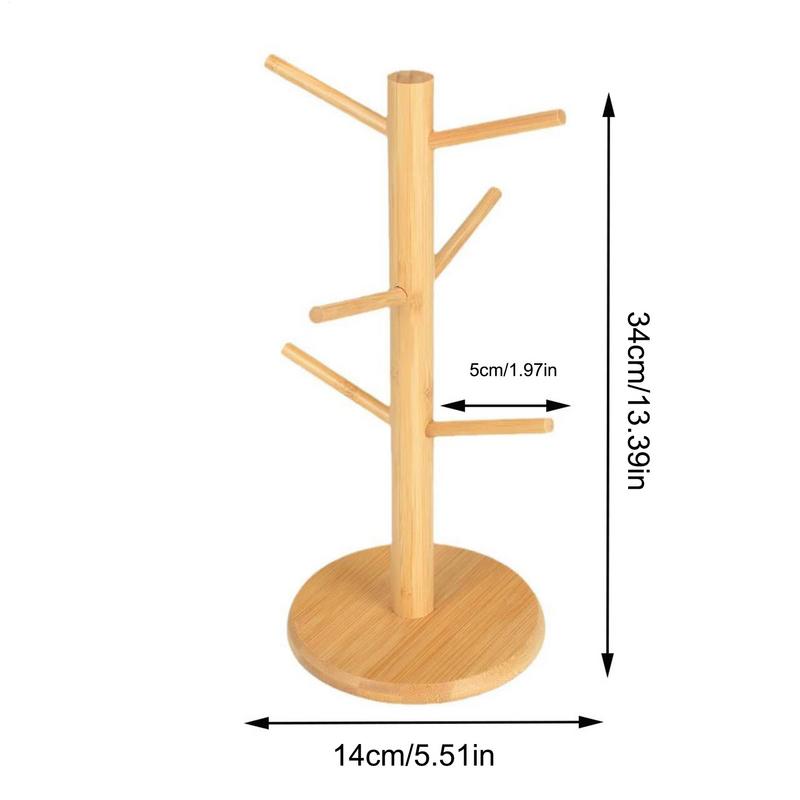 Wood Mug Holder 6 Hook Coffee Mug Tree Holder Mug Hanging Display Rack Drinkware Shelf Tea Cup Storage Holder Stand Kitchen