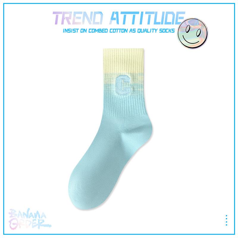 5 Pairs of Female Autumn and Winter Cotton Trend Embroidery Gradient Color All Match Sports Tube Socks