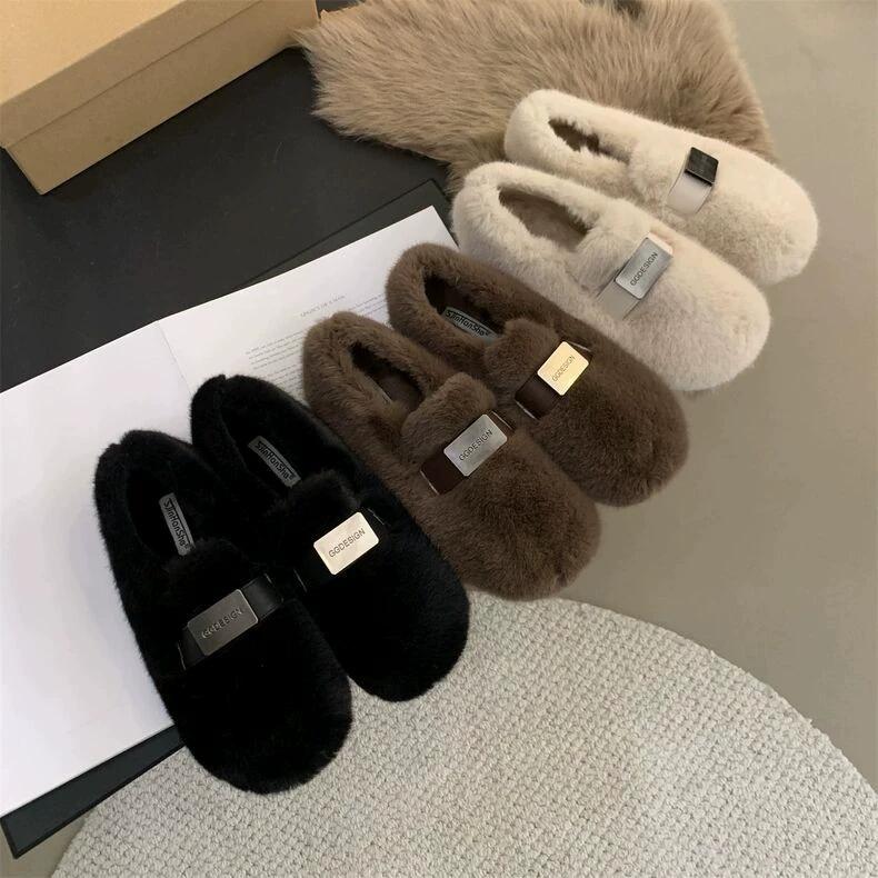 Women Slip-on Footwear Loafers Mujer Fur Sneaker Mary Jane Shoes Warm Plush Round Toe Wool Ballet Flats Ladies