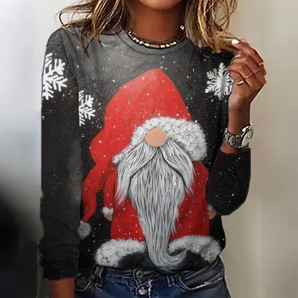 2025 Winter Women Loose Round Neck Long Sleeve T Shirts Fashion Casual 3D Santa Claus Gift Pattern Printed Christmas Party Tops