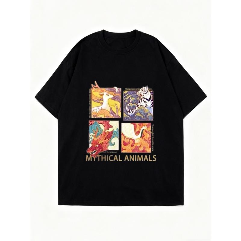 Koszulka oversize z nadrukiem mitycznych zwierząt z czterema legendarnymi stworzeniami i tekstem do noszenia na co dzień, streetwearowy wyraz mody